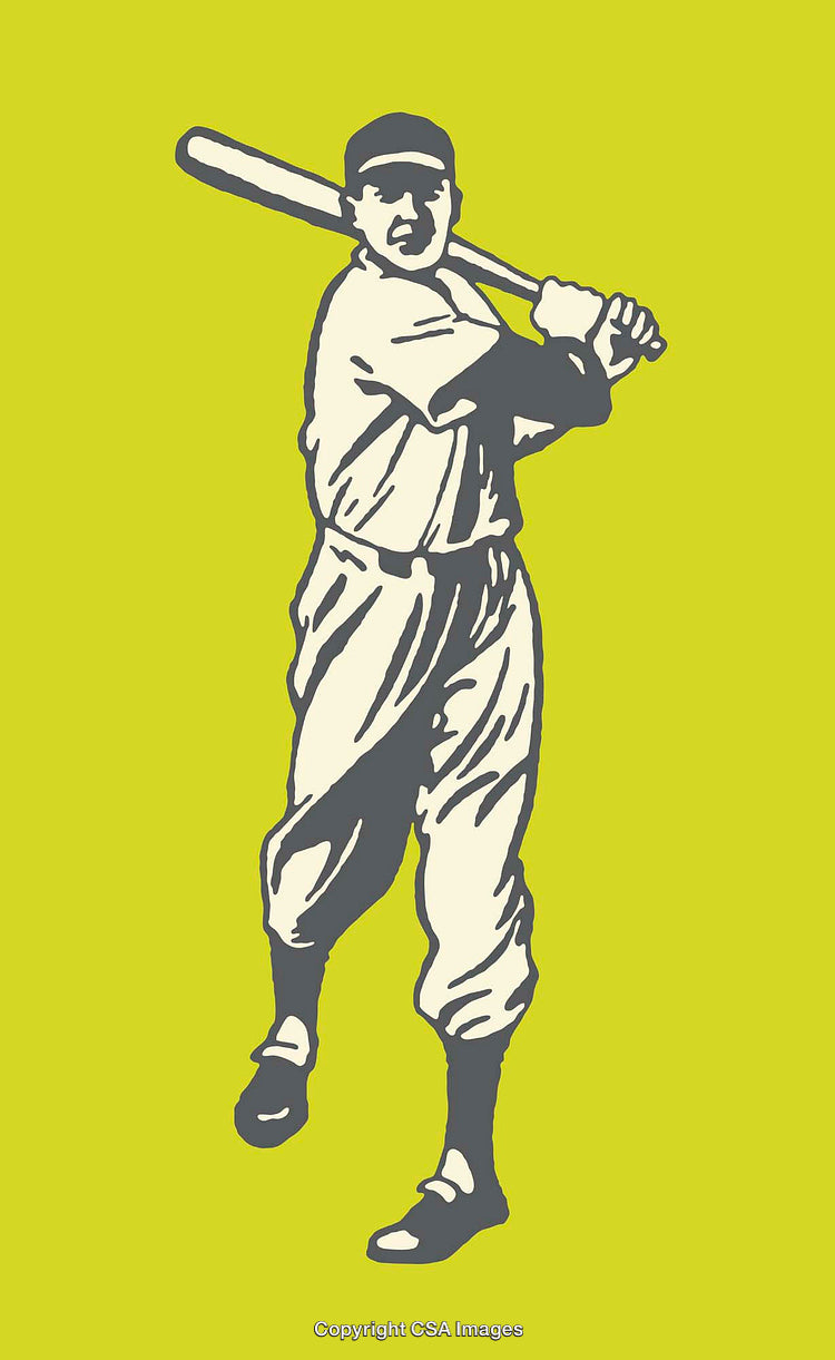 Vintage Baseball Player Swinging a Bat Illustration on a Lime Green Background