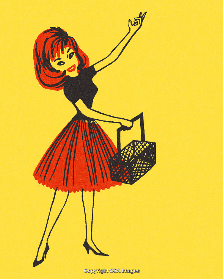 Retro Stylized Woman Shopping with Basket in Vintage Illustration
