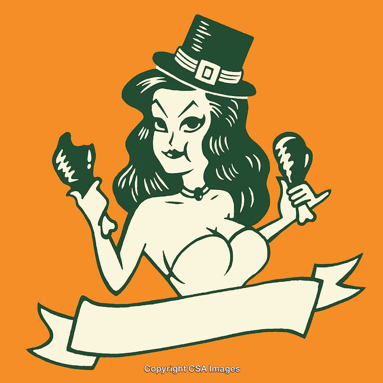 Retro Style Thanksgiving Pin-Up Illustration of a Woman with Festive Food