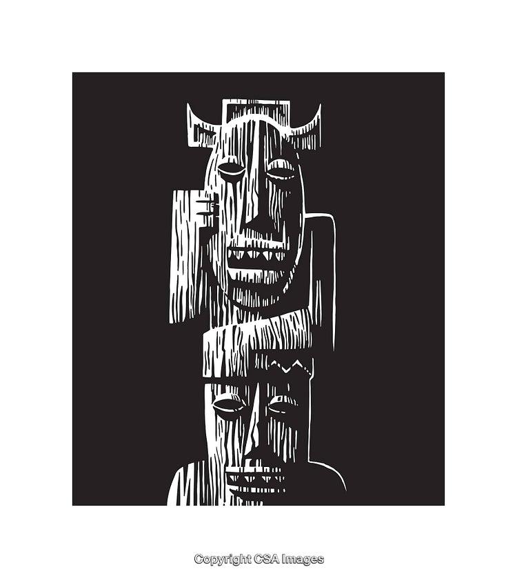 Intricate Black and White Line Art Depicting Face Carvings Inspired by Totems