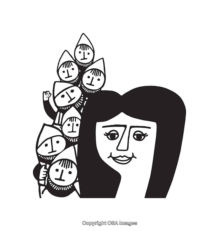Black and White Line Art Featuring a Woman and Several Small Figures