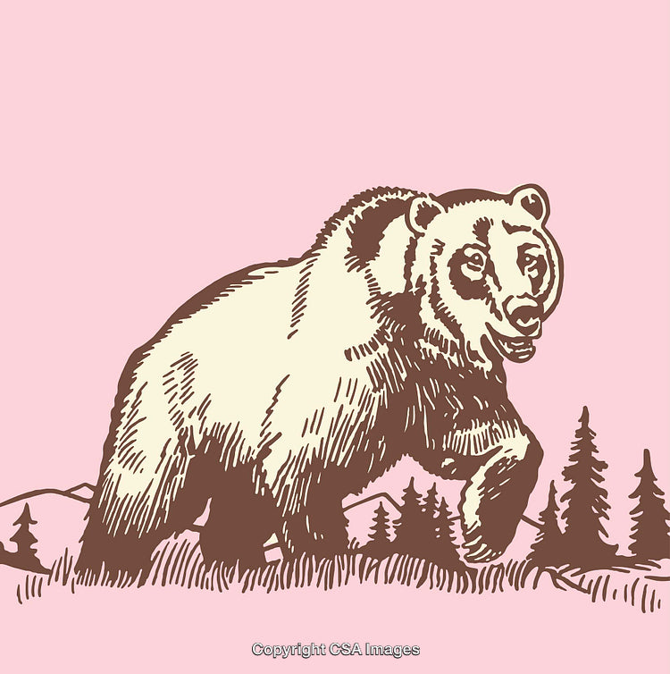 Illustrated Brown Bear in Nature Scene with Forest and Mountains