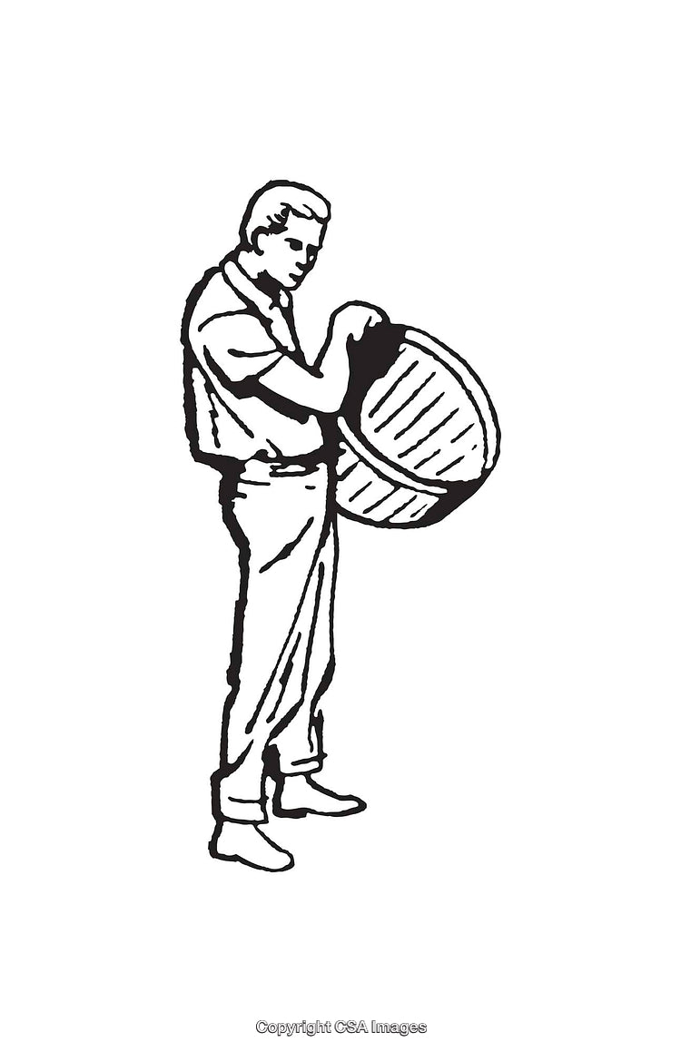 Vintage Black and White Illustration of a Man Holding a Barrel
