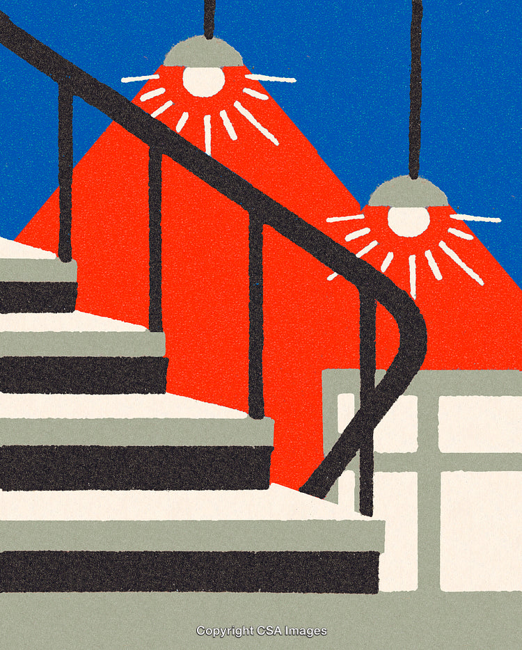 Modern Staircase with Red Light Fixtures and Blue Background Illustration