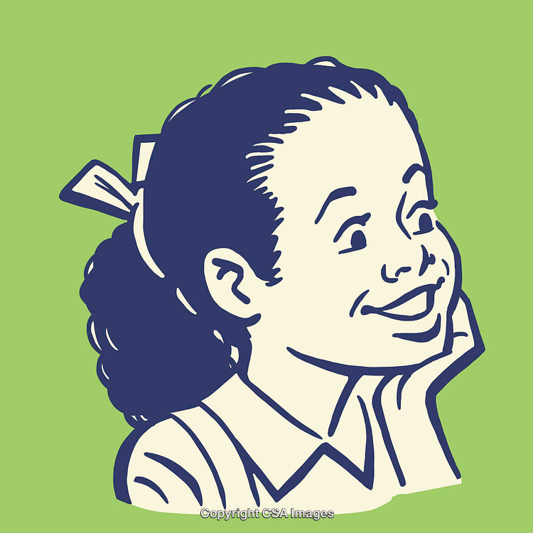 Vintage Illustration of a Smiling Girl with a Thoughtful Expression