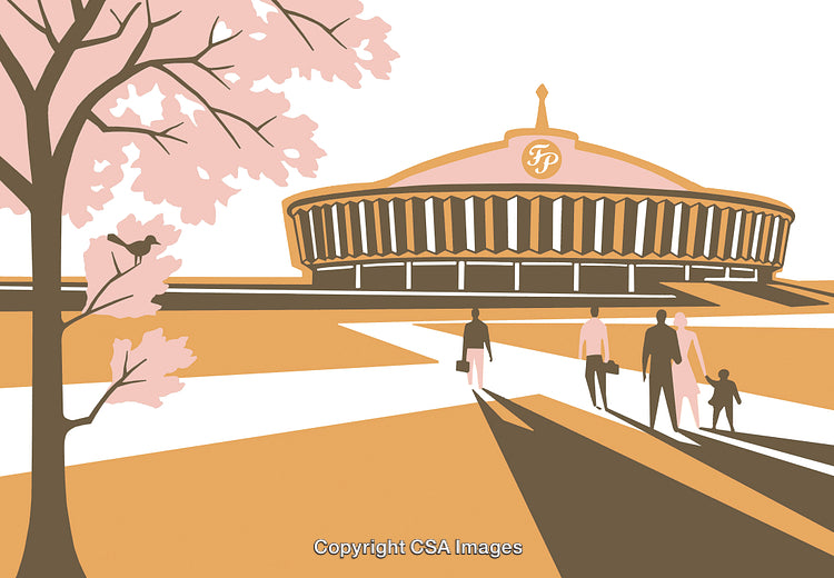 Modern Architecture with People Strolling Near Cherry Blossom Tree
