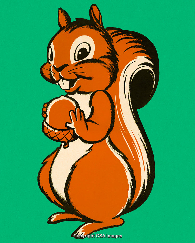 Cartoon Illustration of a Squirrel Holding an Acorn on a Green Background