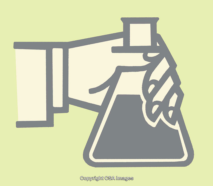 Illustration of a Hand Holding a Laboratory Flask in Modern Line Art
