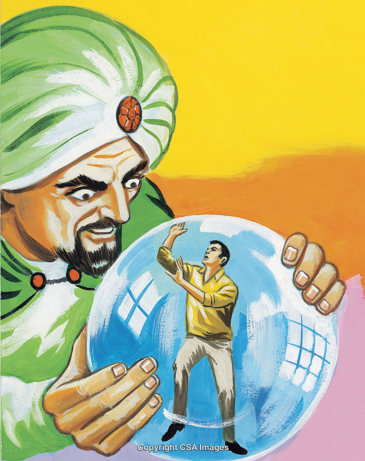 Exotic Fortune Teller Observing a Man Trapped Inside a Mystical Orb