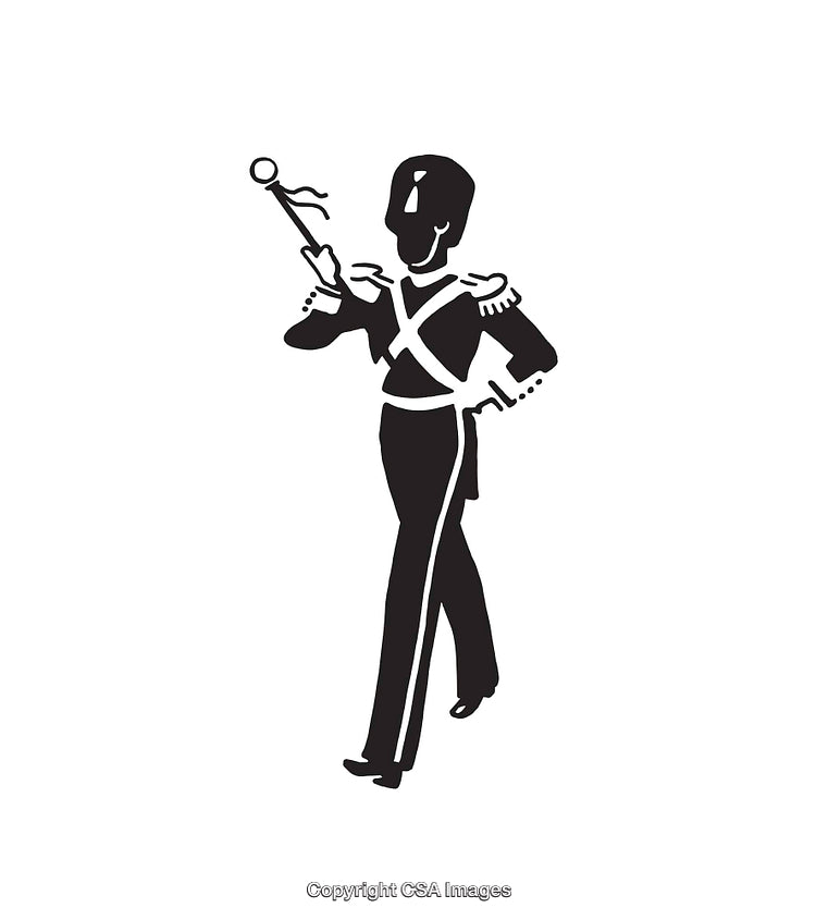 Black And White Illustration of Marching Band Leader Holding Baton