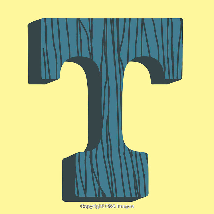 Blue Wooden Textured Letter T on a Yellow Background