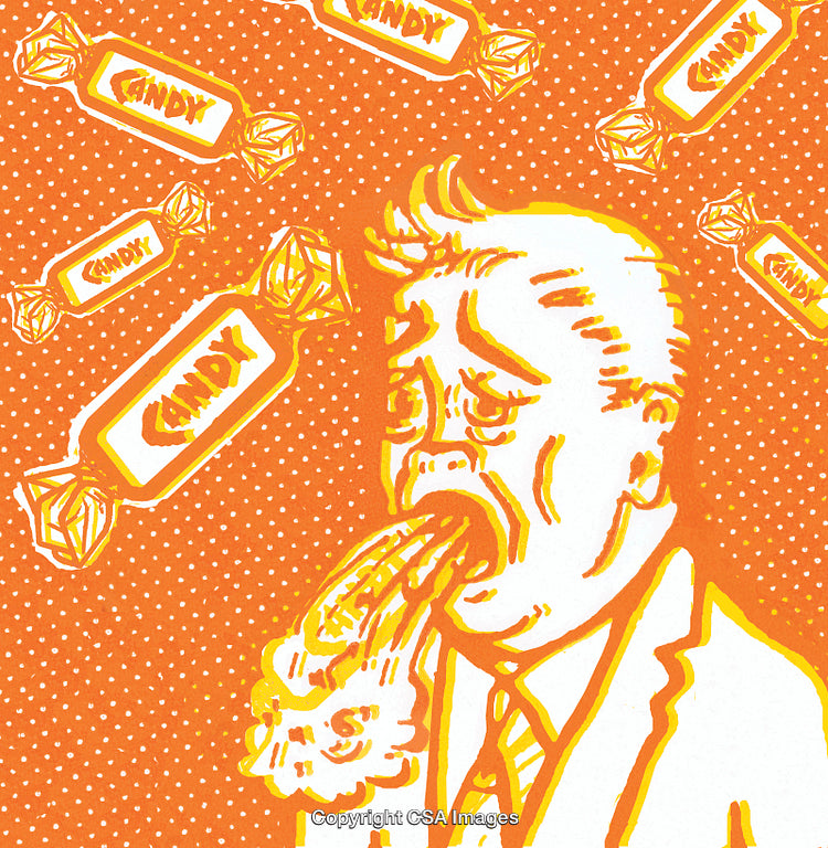 Comic-Style Illustration of Man Overwhelmed by Candy with a Retro Design