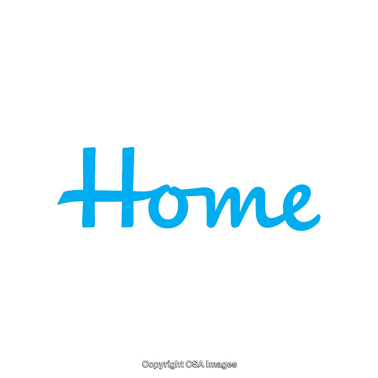 Blue Calligraphy Style Illustration of the Word Home on White Background
