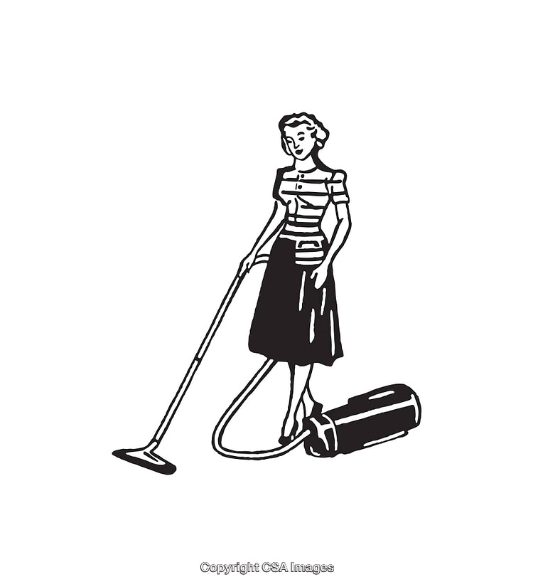 Retro Line Art Woman Vacuuming with Vintage Appliance Illustration