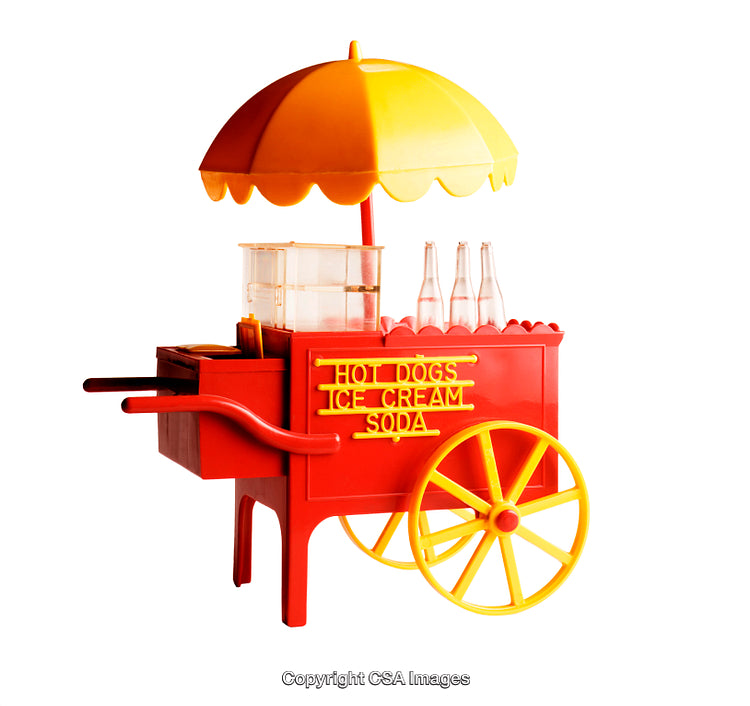 Vintage Red Toy Food Cart with Bright Yellow Wheels and Umbrella