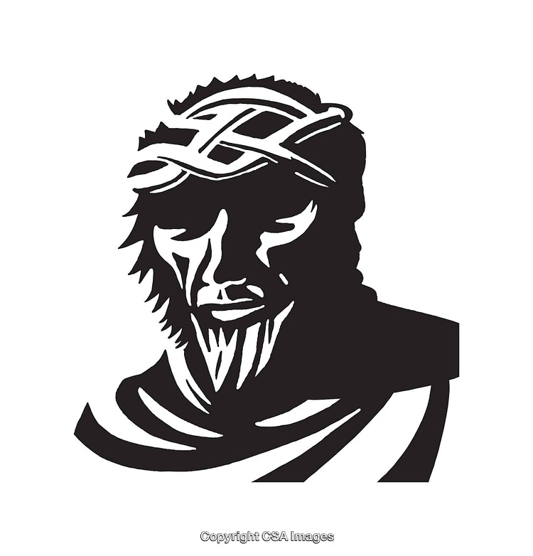 Black and White Line Art of Crowned Figure in Thoughtful Pose