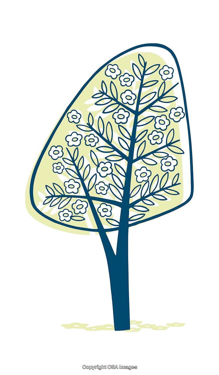 Stylized Illustration of a Tree with Flowers and Leaves on White Background