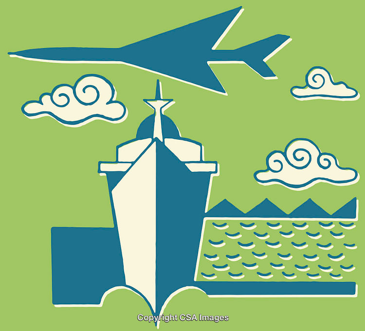 Colorful Abstract Illustration Depicting Travel Through Land, Sea, and Air