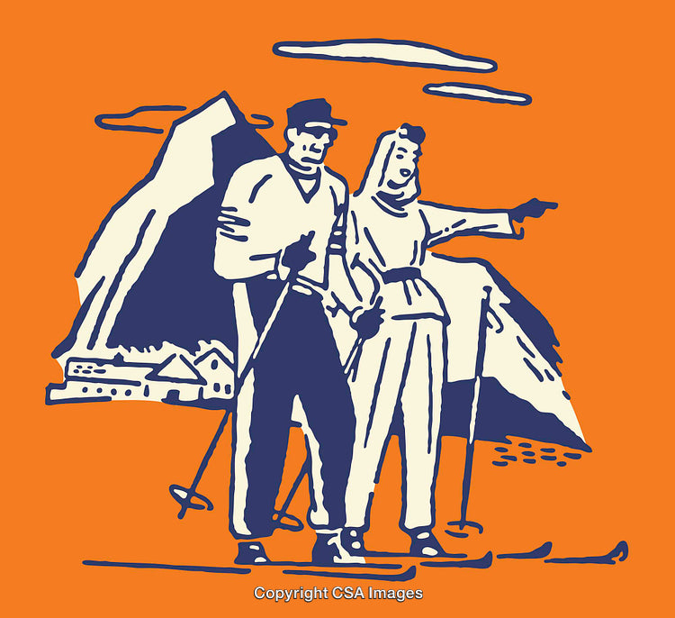 Vintage Style Skiing Illustration of a Couple on a Winter Landscape
