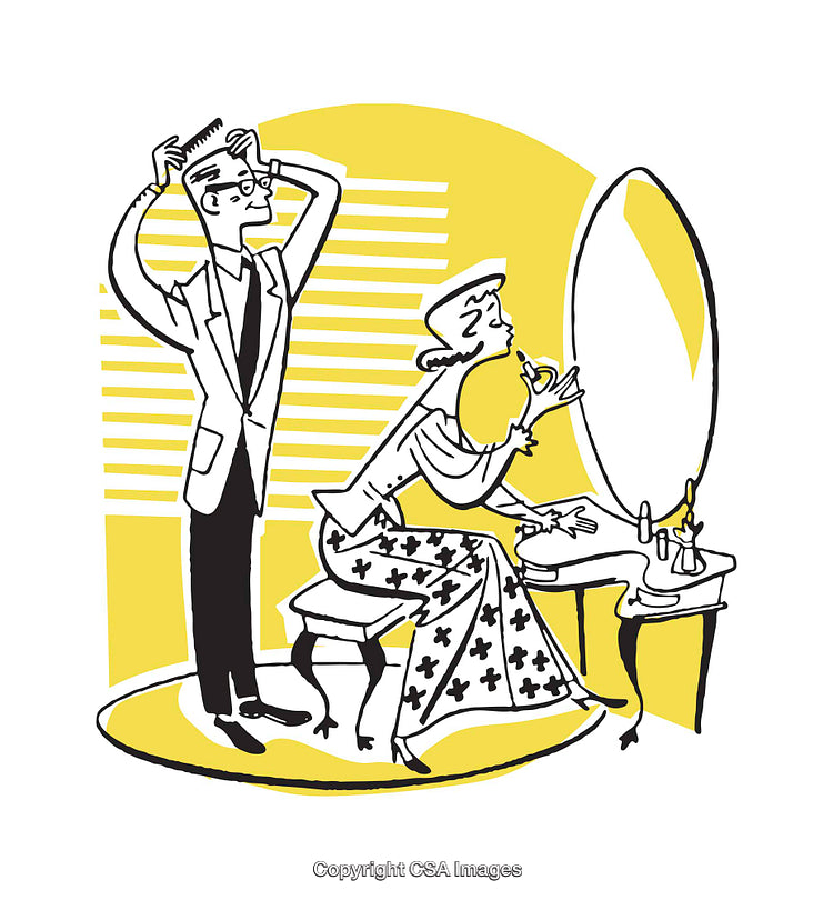 Illustrated Couple Preparing in Front of a Mirror for the Day
