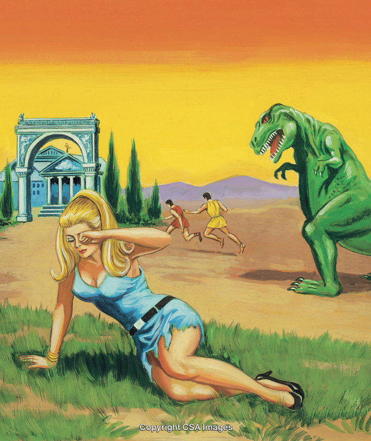 Retro Artwork of Woman, Dinosaur, and Ancient Architecture Scene