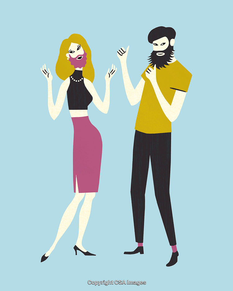 Colorful Stylized Illustration of Two Individuals Conversing Expressively