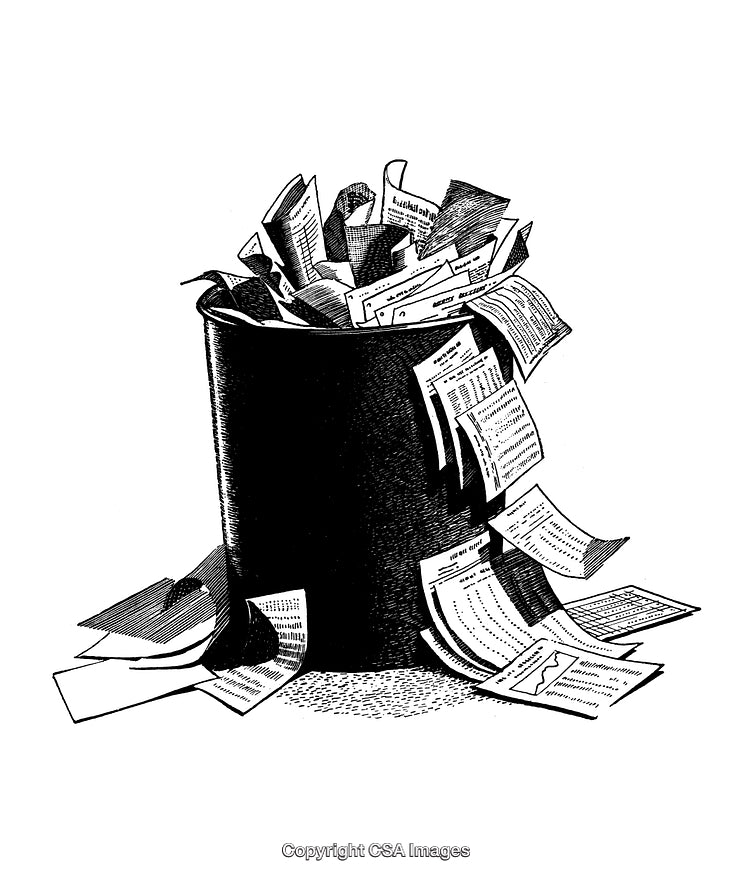 Engraved Illustration of Overflowing Trash Bin with Discarded Papers