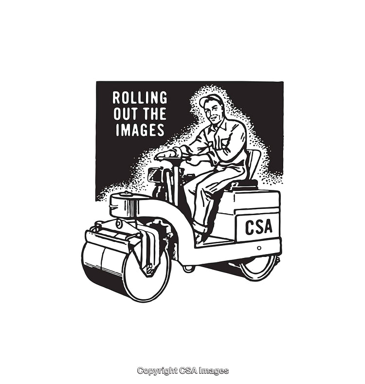 Worker Driving Roll Steamroller Vehicle in Black and White Line Art Style