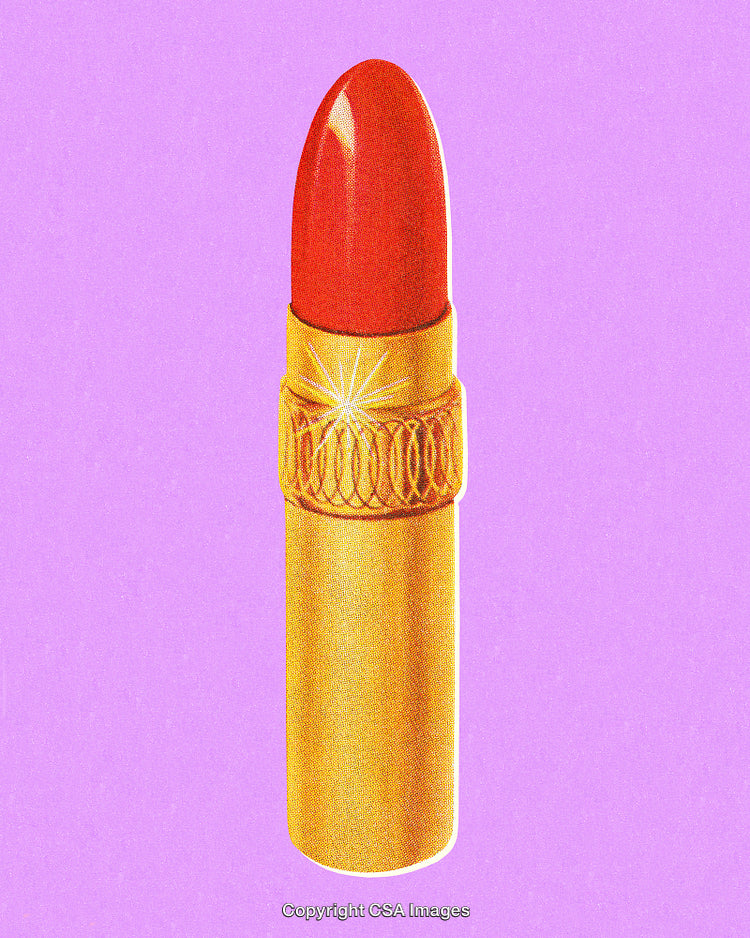 Golden Lipstick Tube with Modern Graphic Design on Vibrant Purple Background