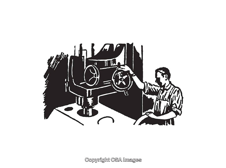 Vintage Black and White Industrial Worker Operating Machinery Illustration