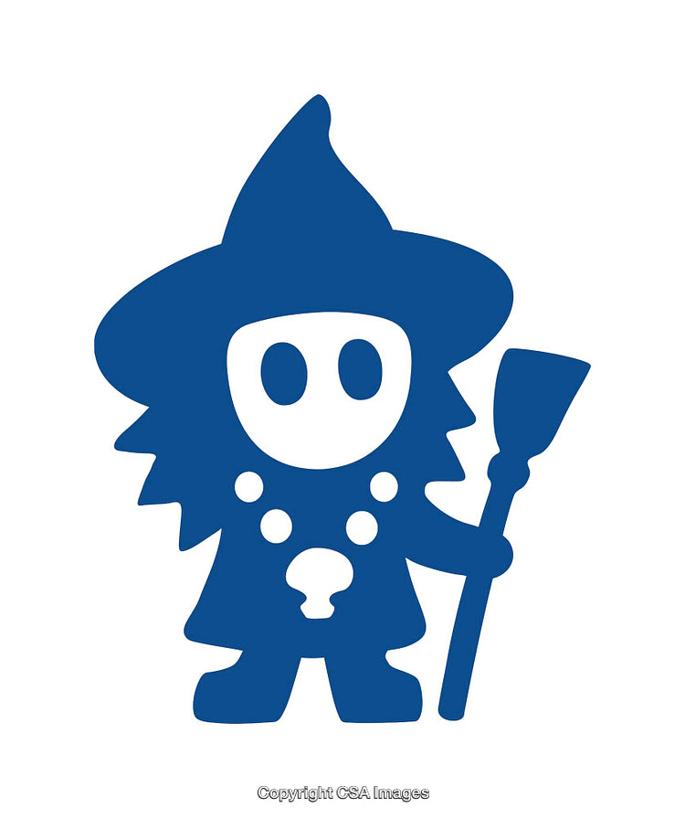 Blue Witch Icon with Broom and Pointed Hat on White Background