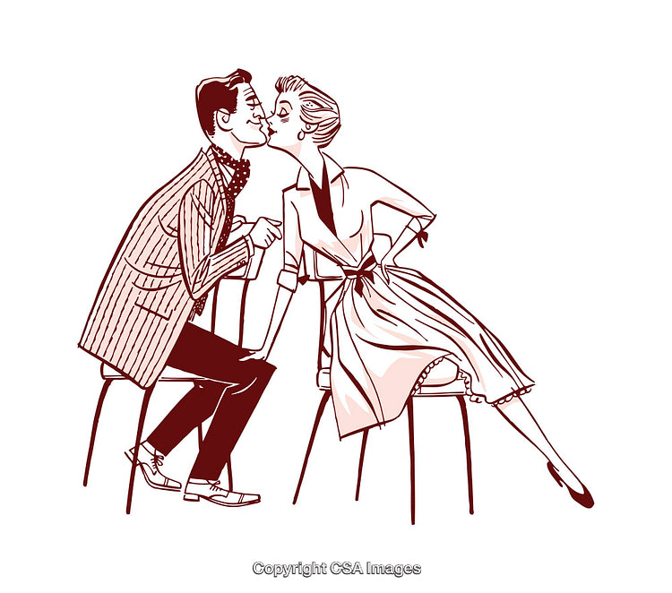 Retro Couple Sharing a Romantic Kiss in Vintage Style Illustration