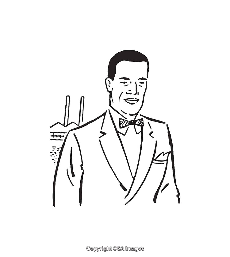 Black and White Illustration of a Man in a Suit with a Factory
