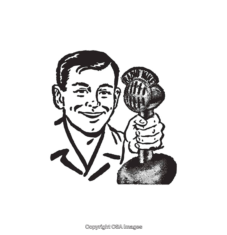 Retro Styled Illustration of Happy Man Holding a Vintage Microphone