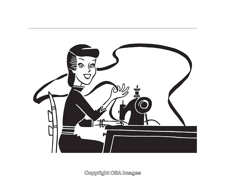Vintage Line Art of Woman with Sewing Machine
