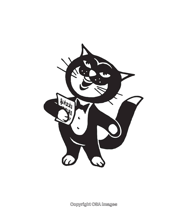 Charming Black And White Illustration of a Musical Cat Holding Sheet Music