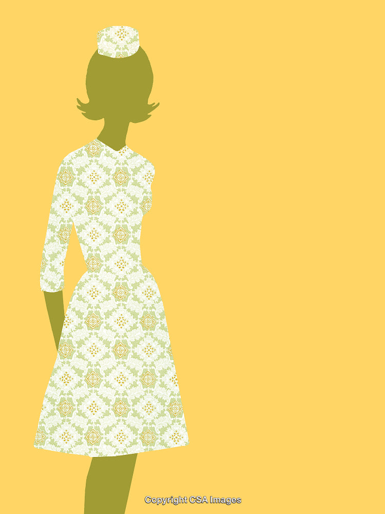 Elegant Silhouette of a Woman in Retro Patterned Garment on Yellow Background