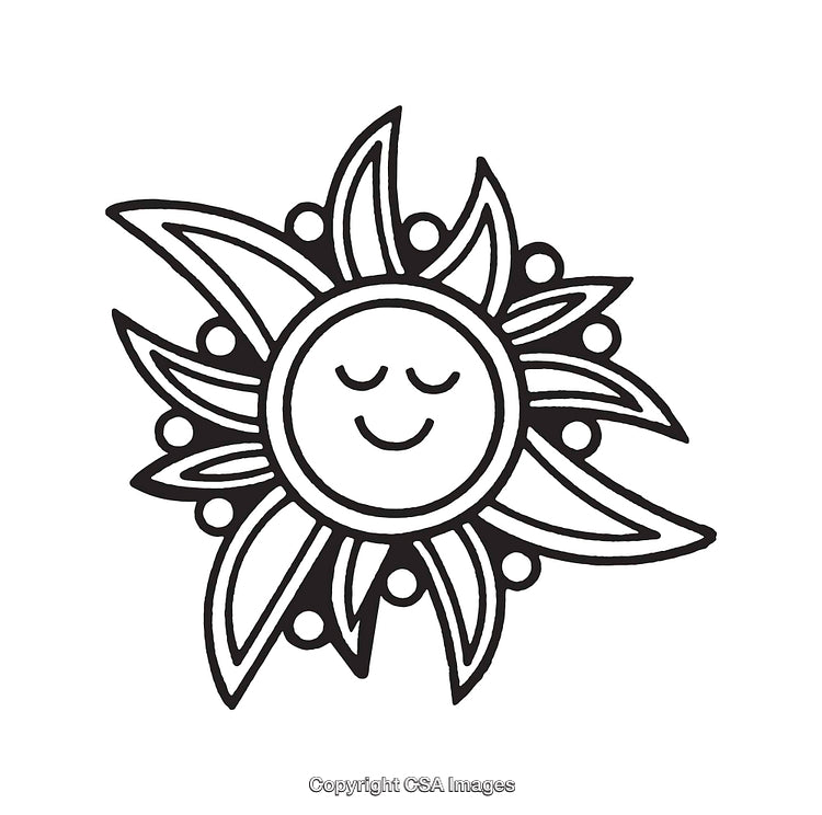 Smiling Sun Line Art with Decorative Rays and Delicate Detailing