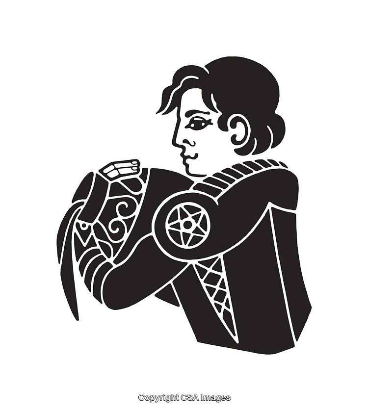 Stylized Black and White Line Art of a Person Holding a Decorative Object