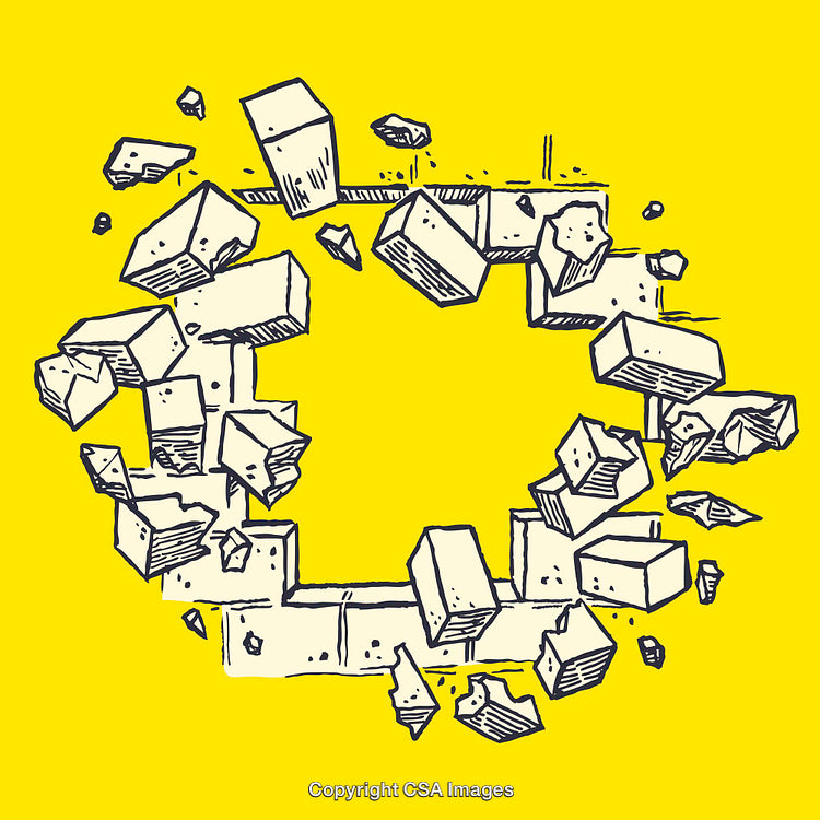 Dynamic Illustration of a Crumbled Wall with a Bright Yellow Background