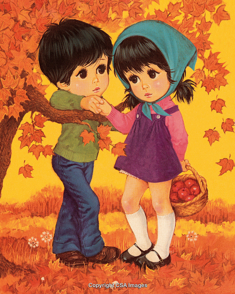 Illustration of Two Children Amidst Autumn Leaves Holding Apples