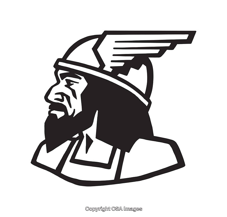 Classic Black and White Line Art of Winged Helmet Figure