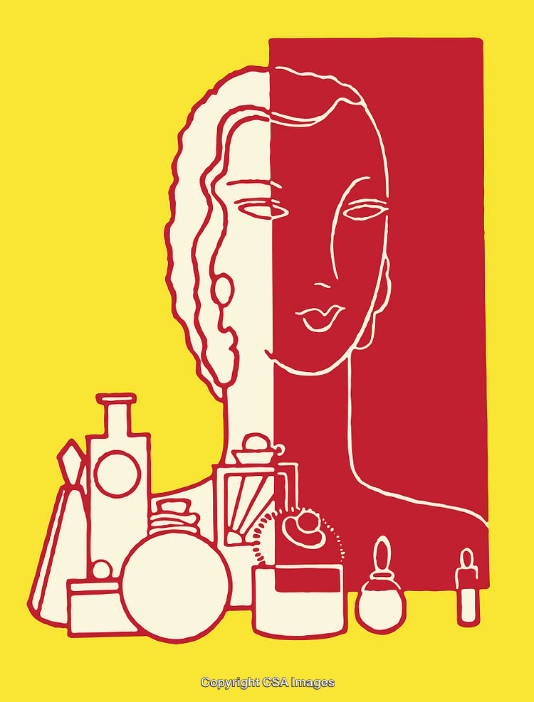 Bold Line Art Illustration with Cosmetic Items on Bright Background