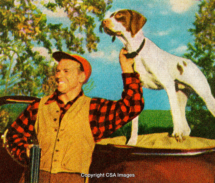 Vintage Stylized Portrait of Hunter and Dog in Outdoor Setting