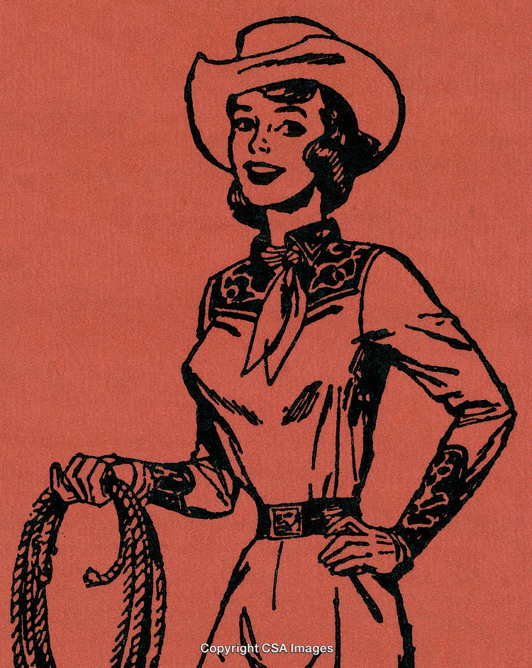 Retro Cowboy Woman Holding a Lasso Illustration on Red Background