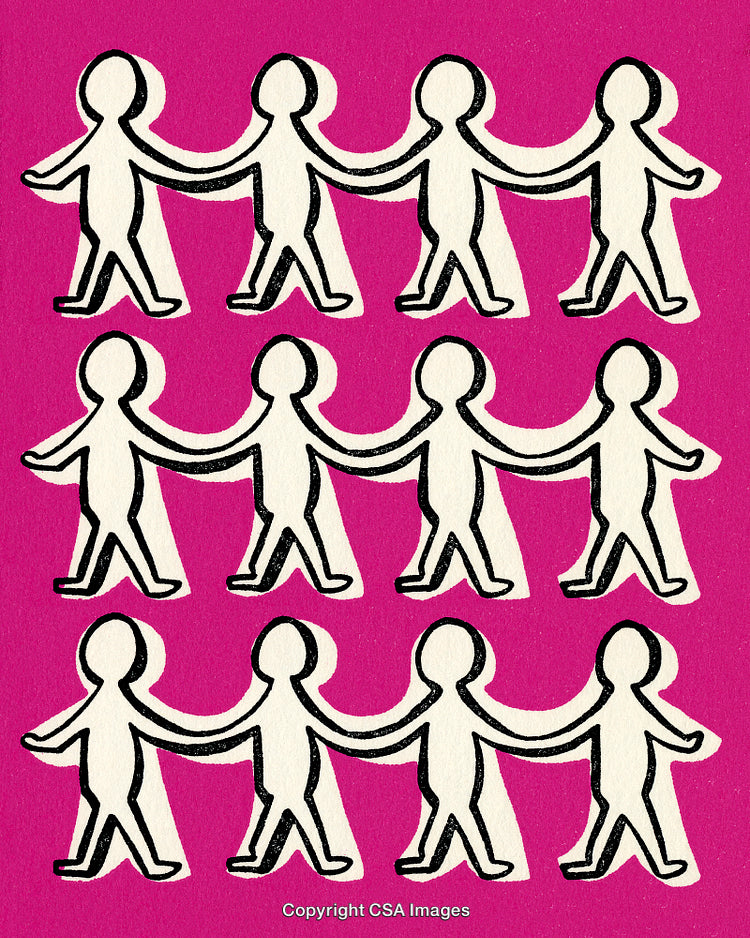 Illustration of Stick Figures Holding Hands on a Bright Pink Background