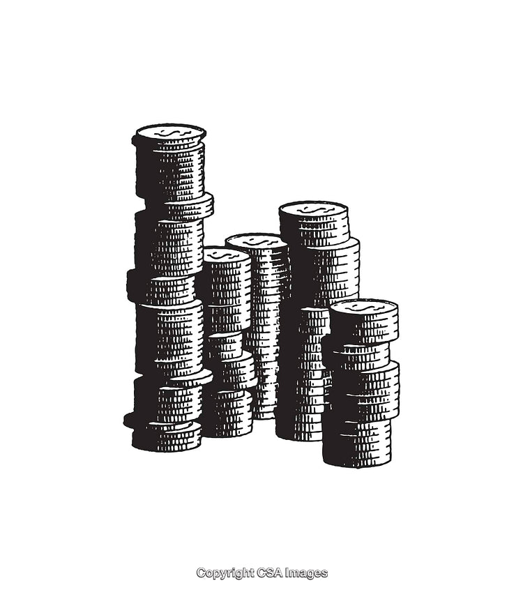 Vintage Etching Illustration of Piles of Stacked Coins in Black and White