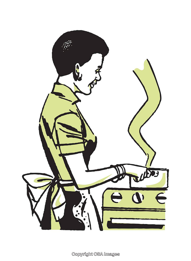 Illustration of a Woman Cooking in a Retro Style Kitchen