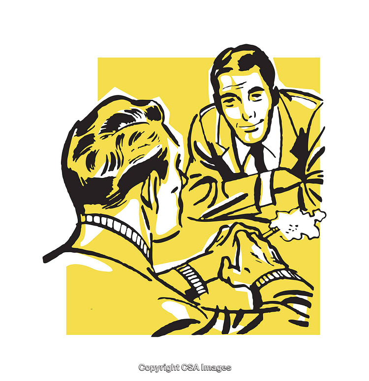 Business Discussion Between Colleagues in a Vibrant Vintage Illustration