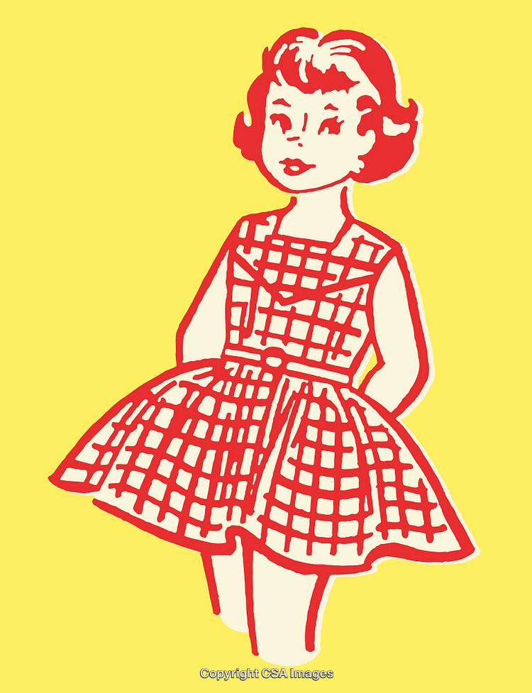 Vintage Style Illustration of a Girl in a Red Checkered Dress